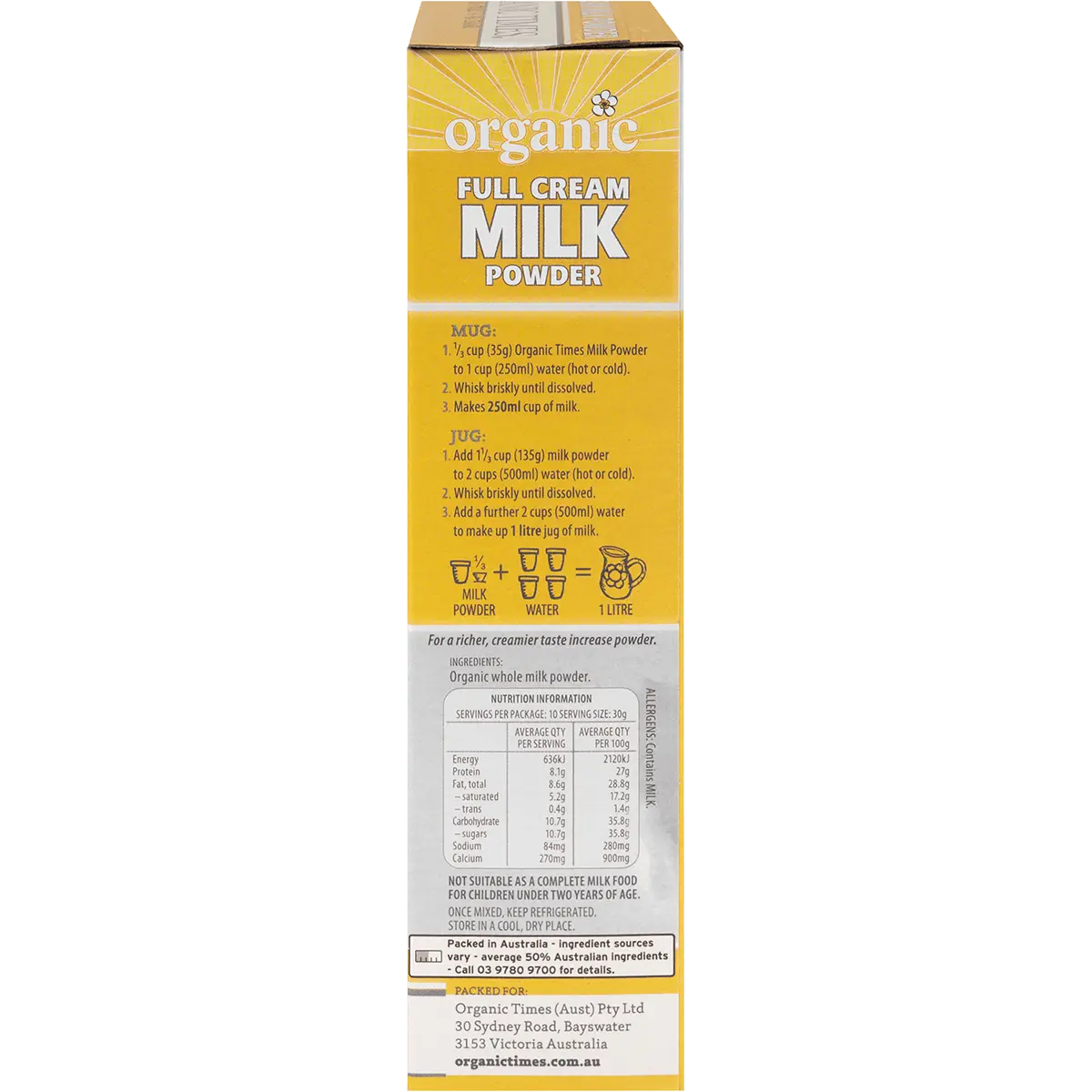 Organic Times Milk Powder Full Cream 300g — side pack image (UHP)
