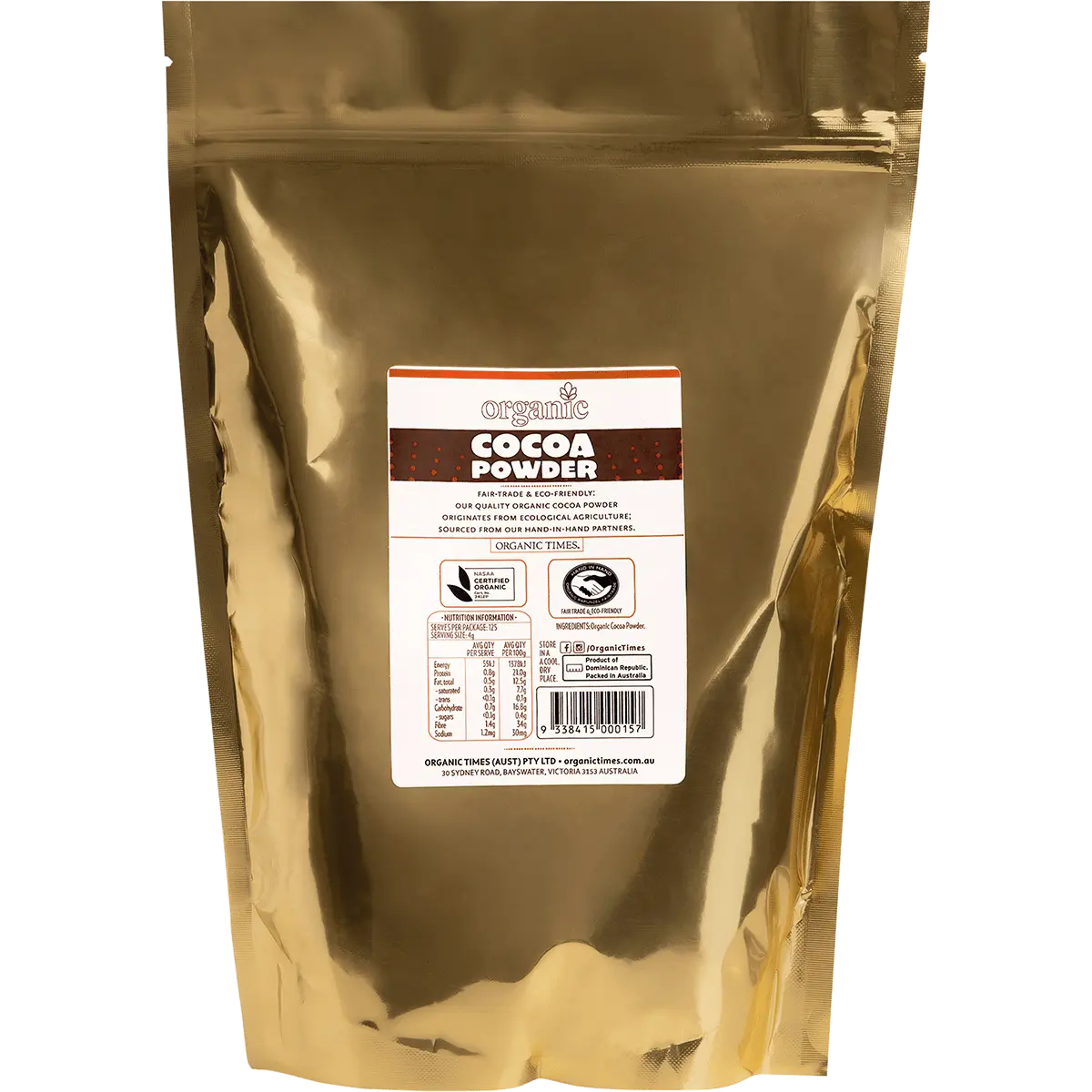 Organic Times Cocoa Powder — back pack image (UHP)