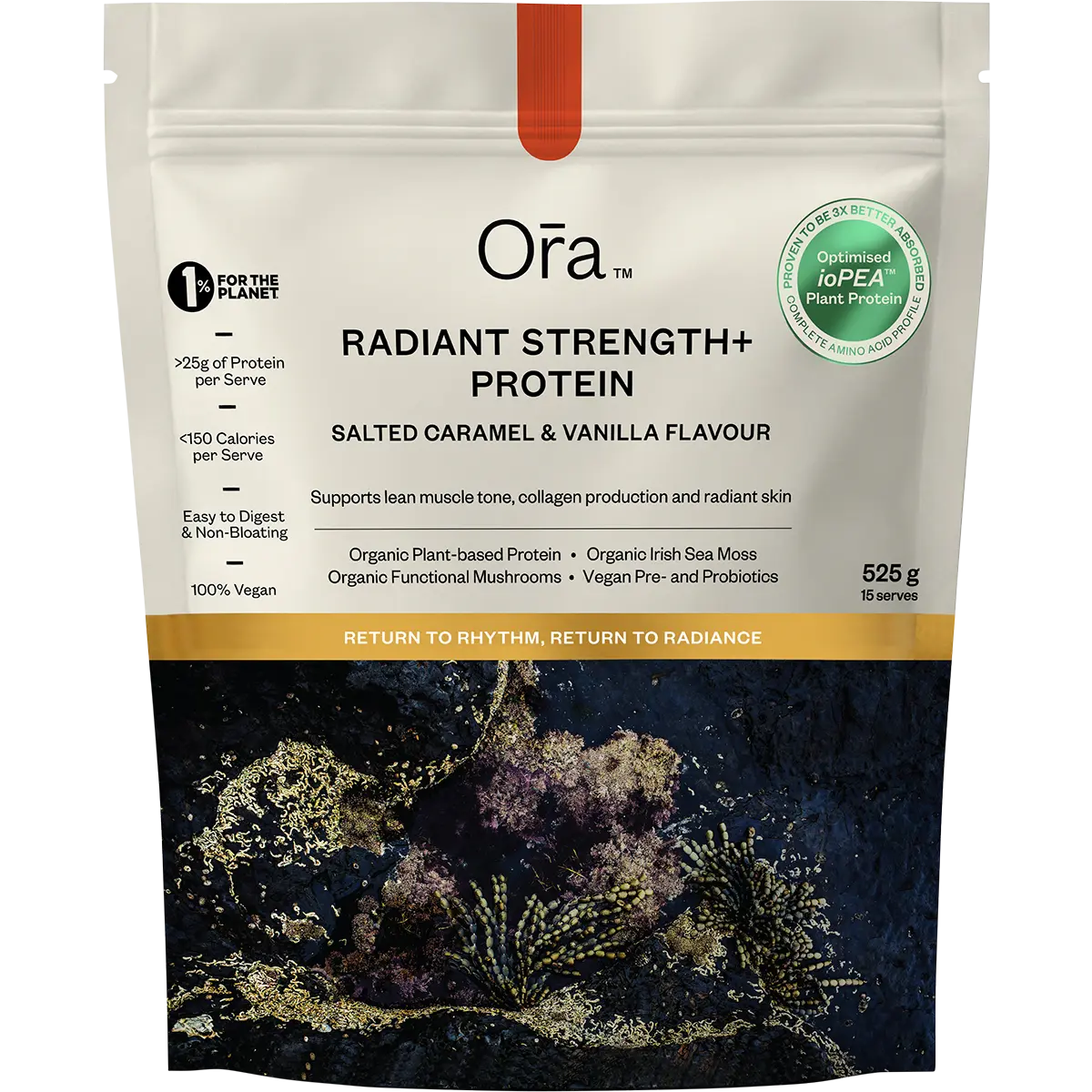 Ora Health Radiant Strength+ Protein Salted Caramel & Vanilla 525g — front pack image (UHP)
