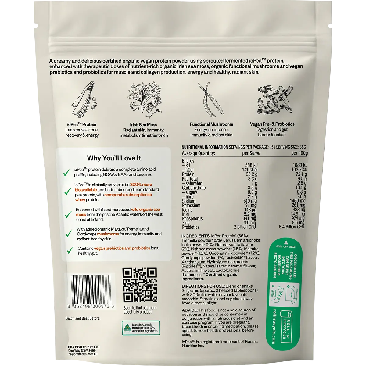 Ora Health Radiant Strength+ Protein Salted Caramel & Vanilla 525g — back pack image (UHP)