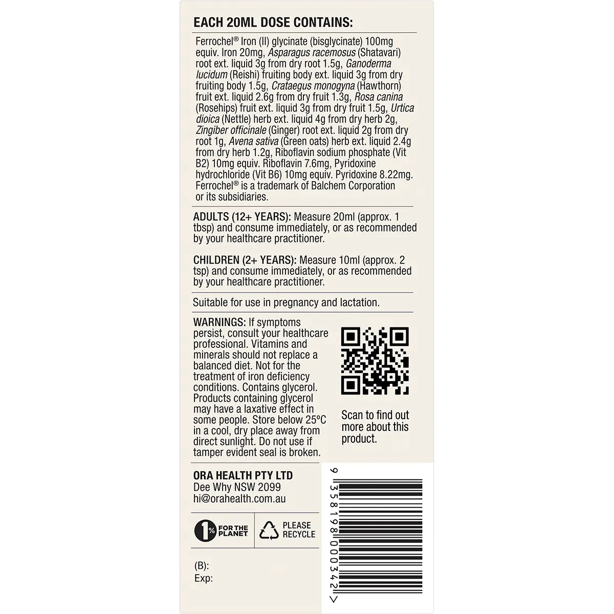 Ora Health Iron-Rich Tonic+ Herbal Oral Liquid 300ml — back pack image (UHP)