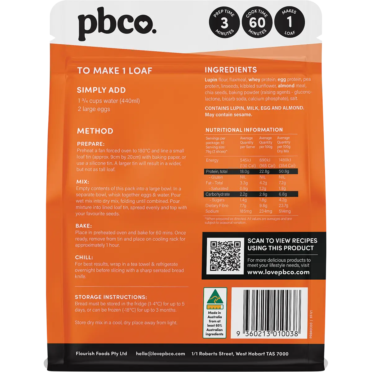PBCO Protein Bread Mix 330g — back pack image (UHP)