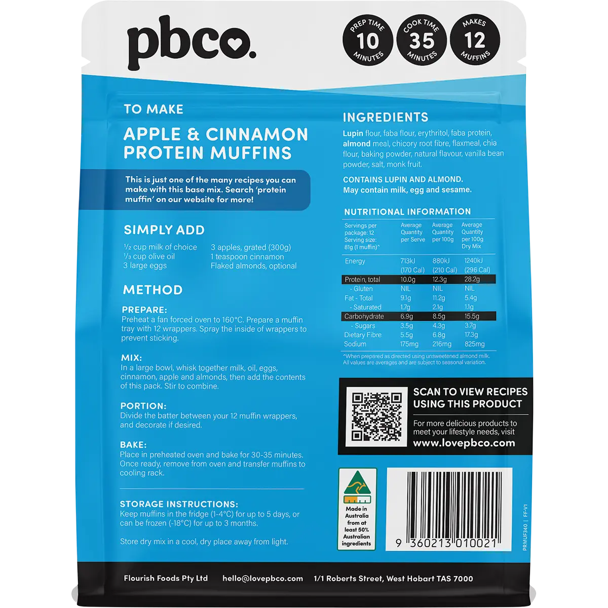 PBCO Protein Muffin Mix Plant Protein 340g — back pack image (UHP)