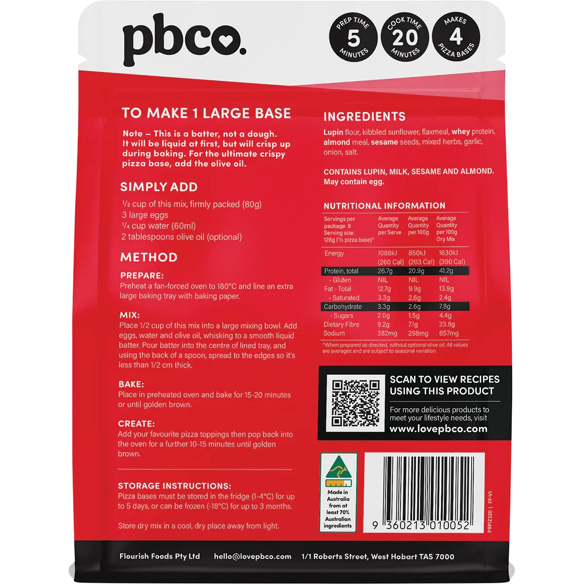 PBCO Protein Pizza Base 320g — back pack image (UHP)