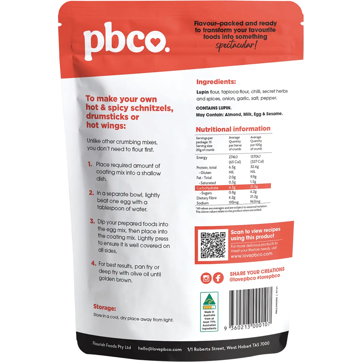 PBCO Low Carb Crumb Hot & Spicy 300g — back pack image (UHP)