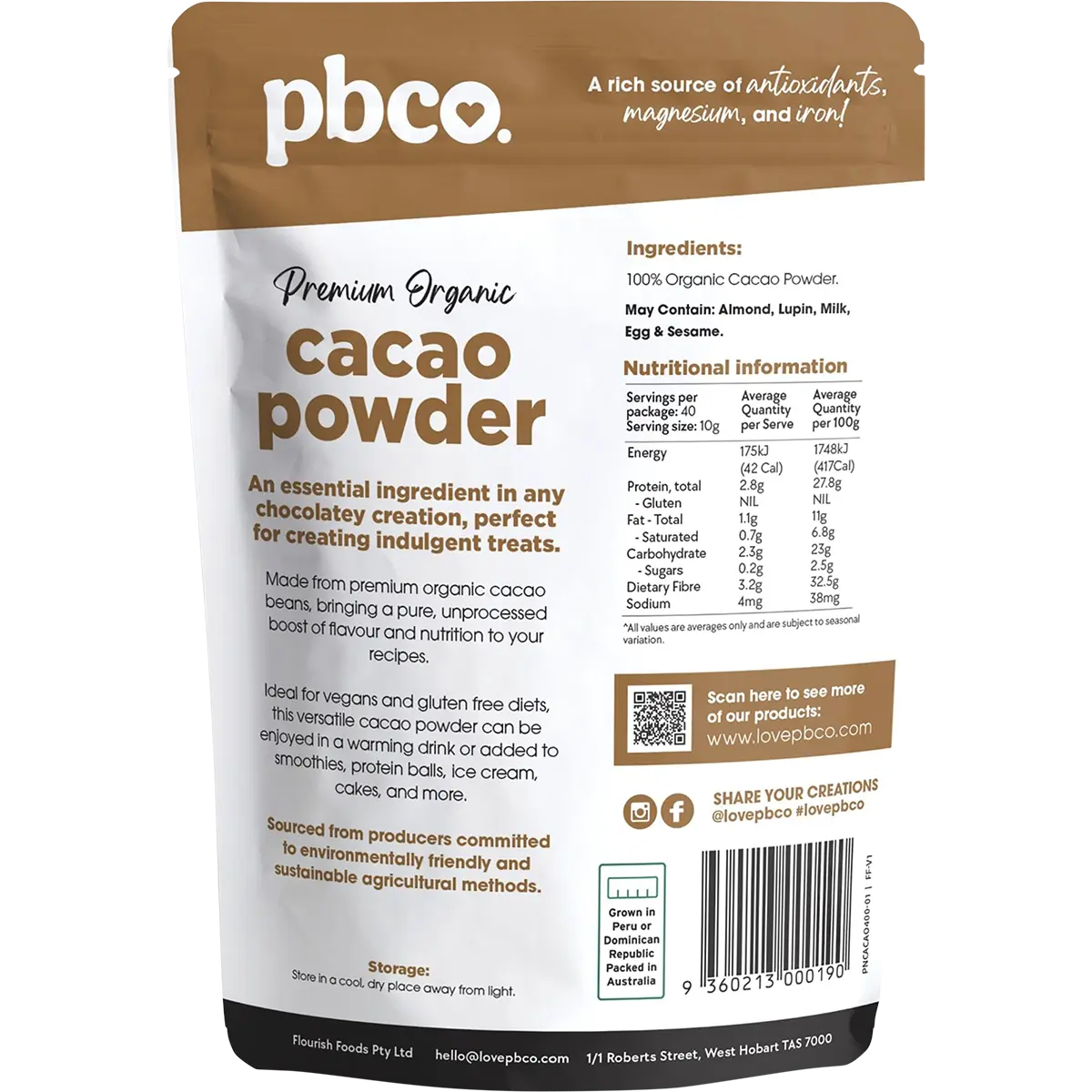 PBCo Organic Cacao Powder — back pack image (UHP)