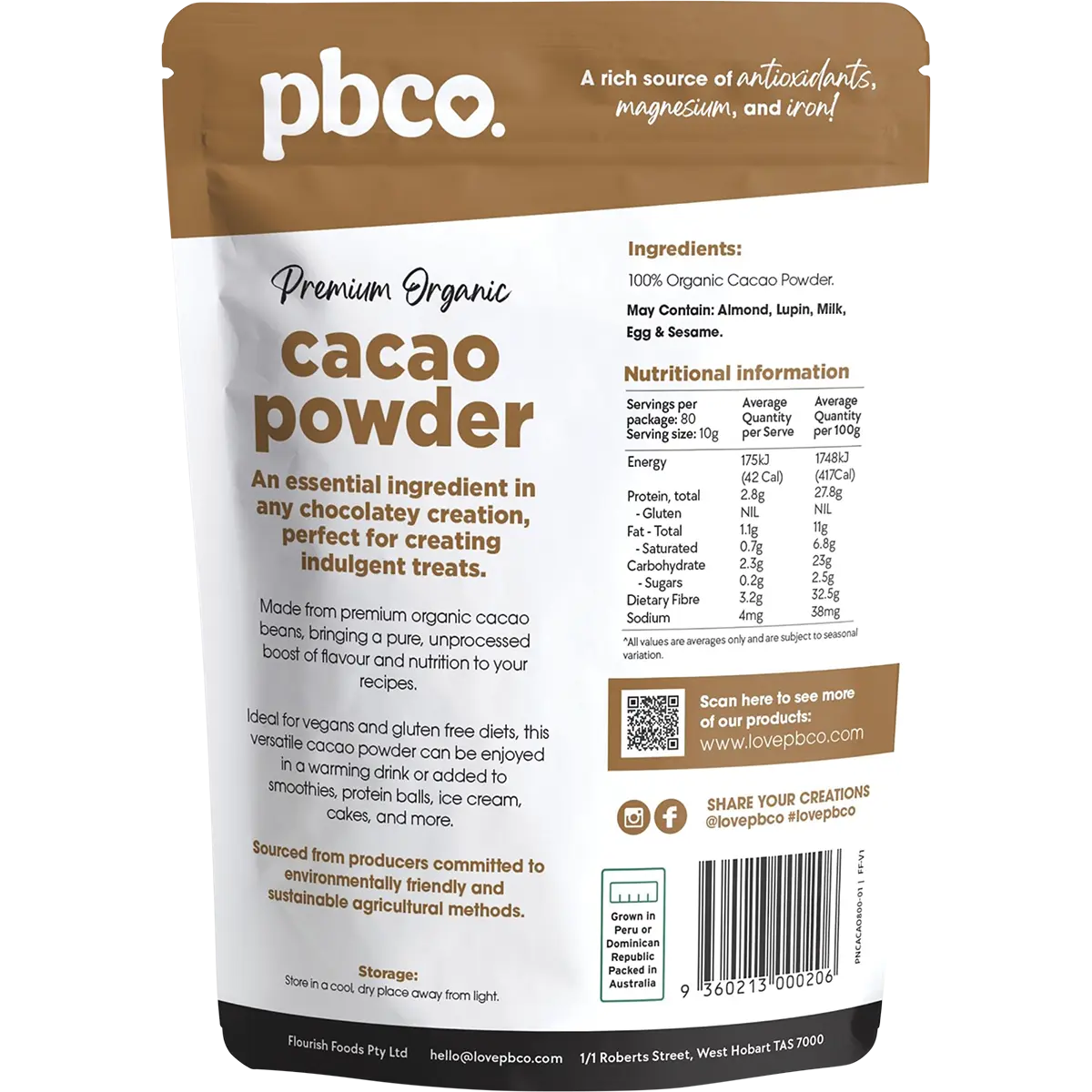 PBCo Organic Cacao Powder — back pack image (UHP)