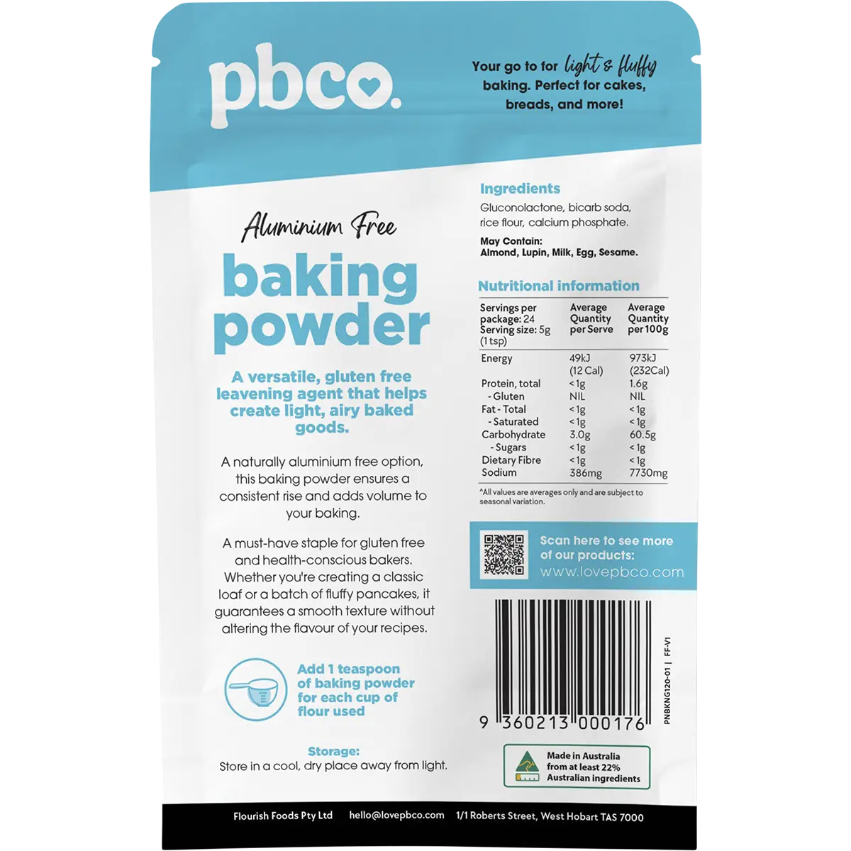 PBCo Baking Powder Aluminium Free - 120g — back pack image (UHP)