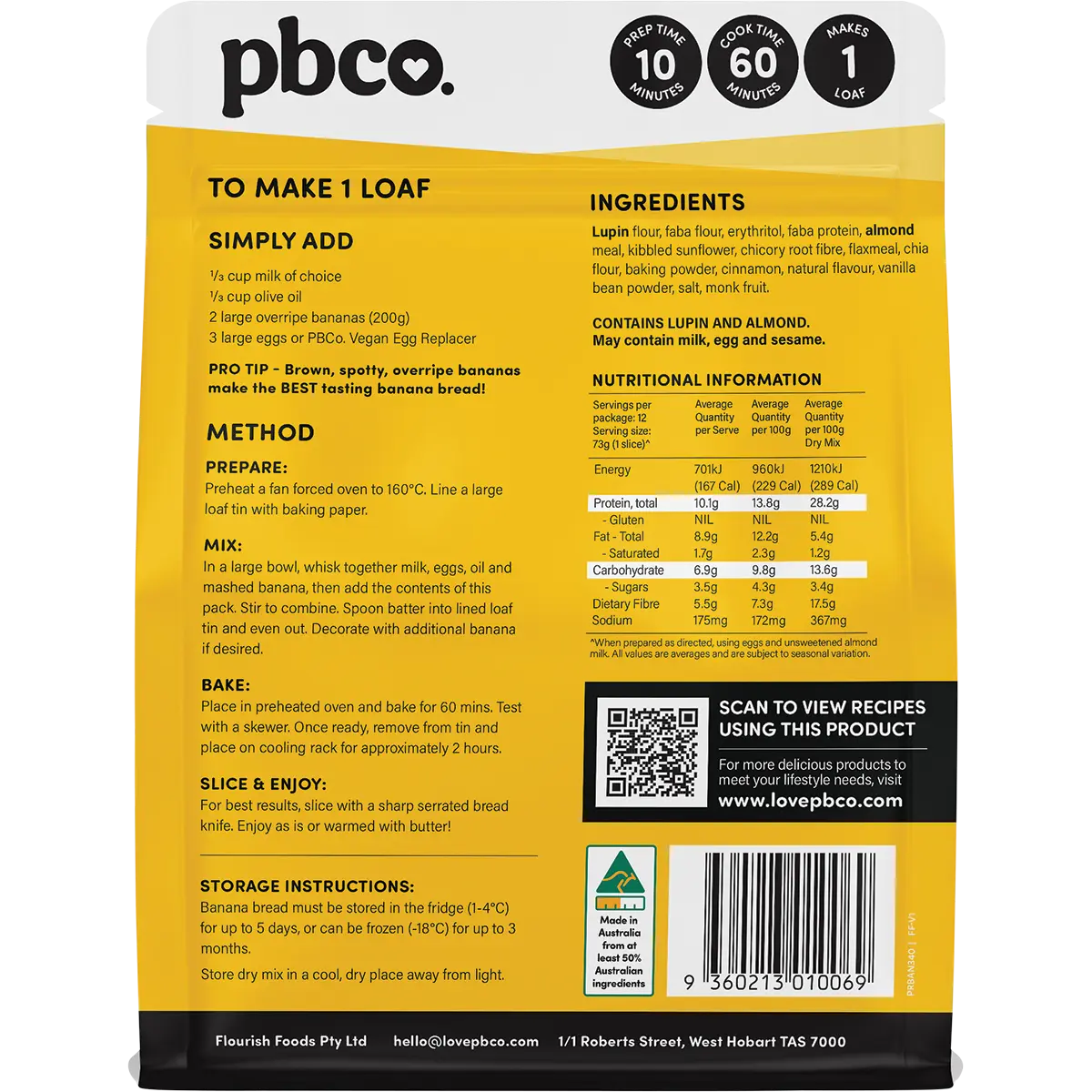 PBCO Plant Protein Banana Bread Mix 340g — back pack image (UHP)