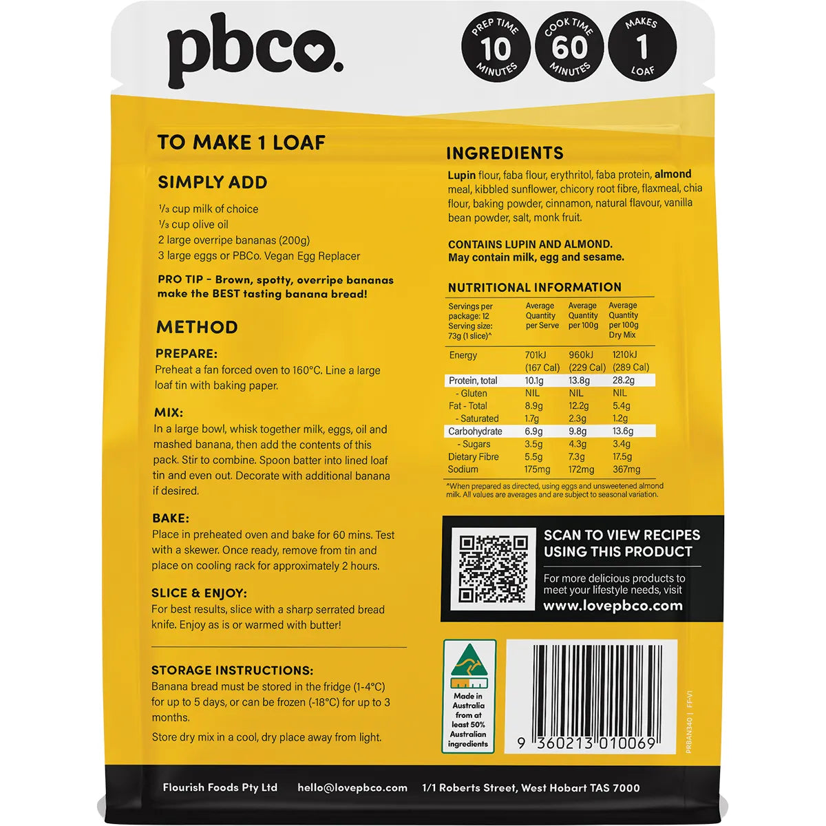 PBCO Plant Protein Banana Bread Mix 340g