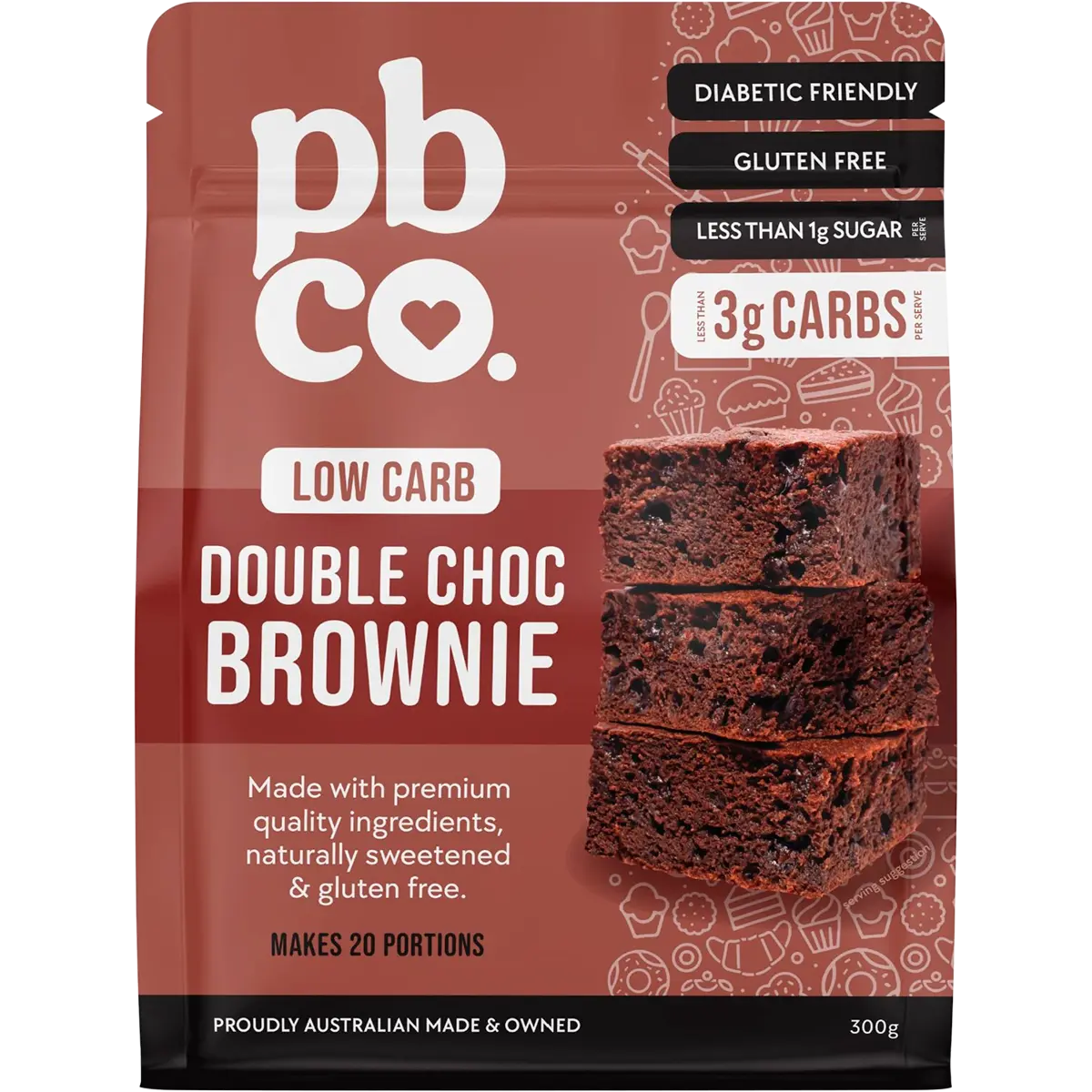 PBCO Double Choc Brownie Low Carb 300g — front pack image (UHP)
