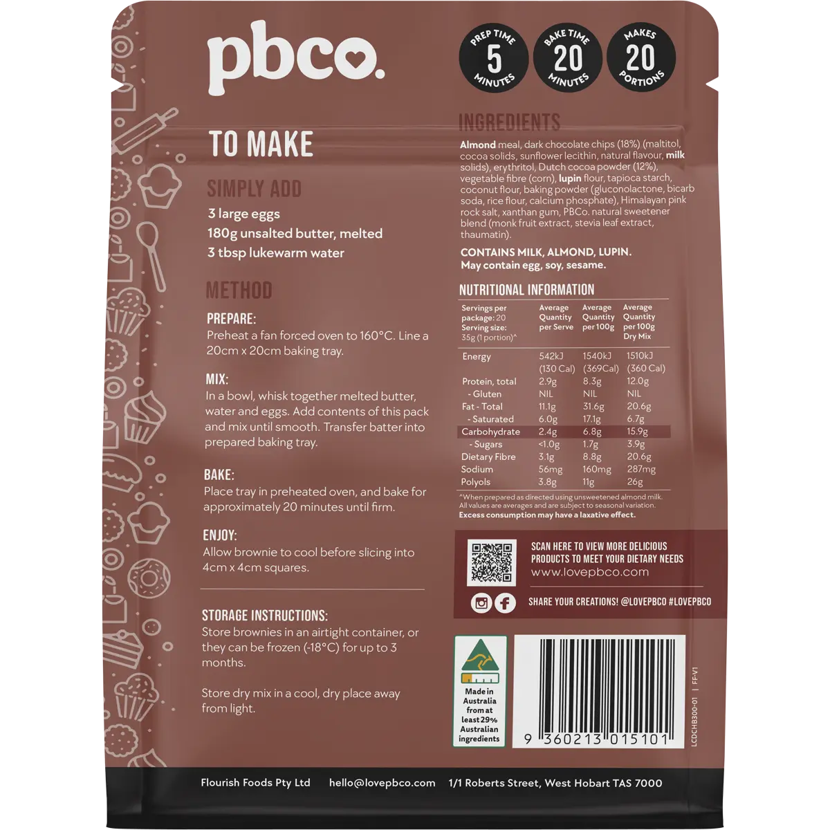 PBCO Double Choc Brownie Low Carb 300g — back pack image (UHP)