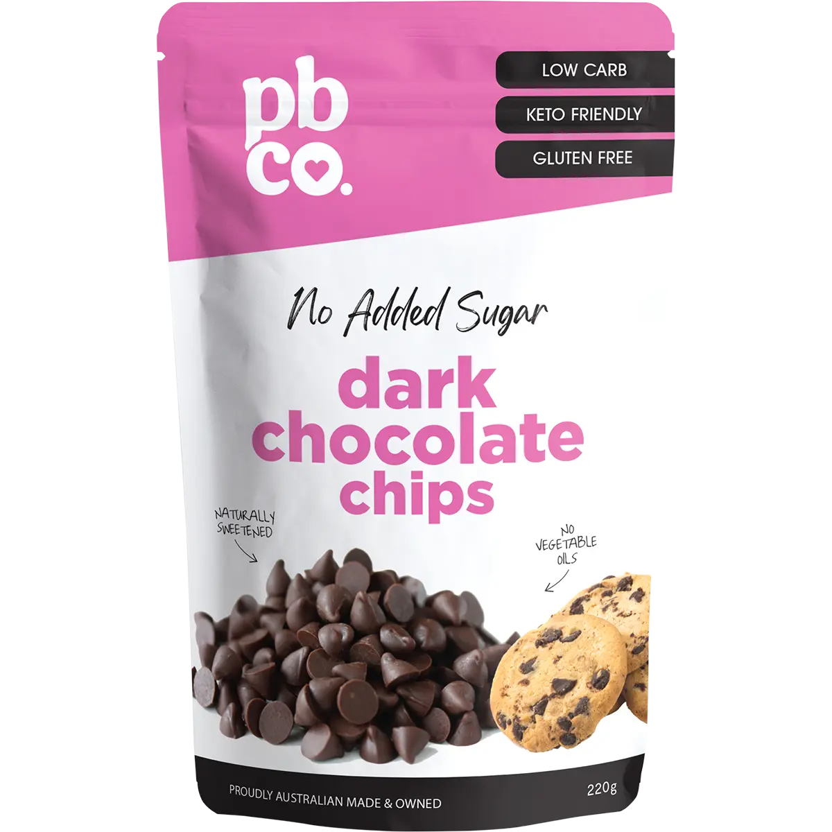 PBCO Chocolate Chips 98% Sugar Free 220g — front pack image (UHP)