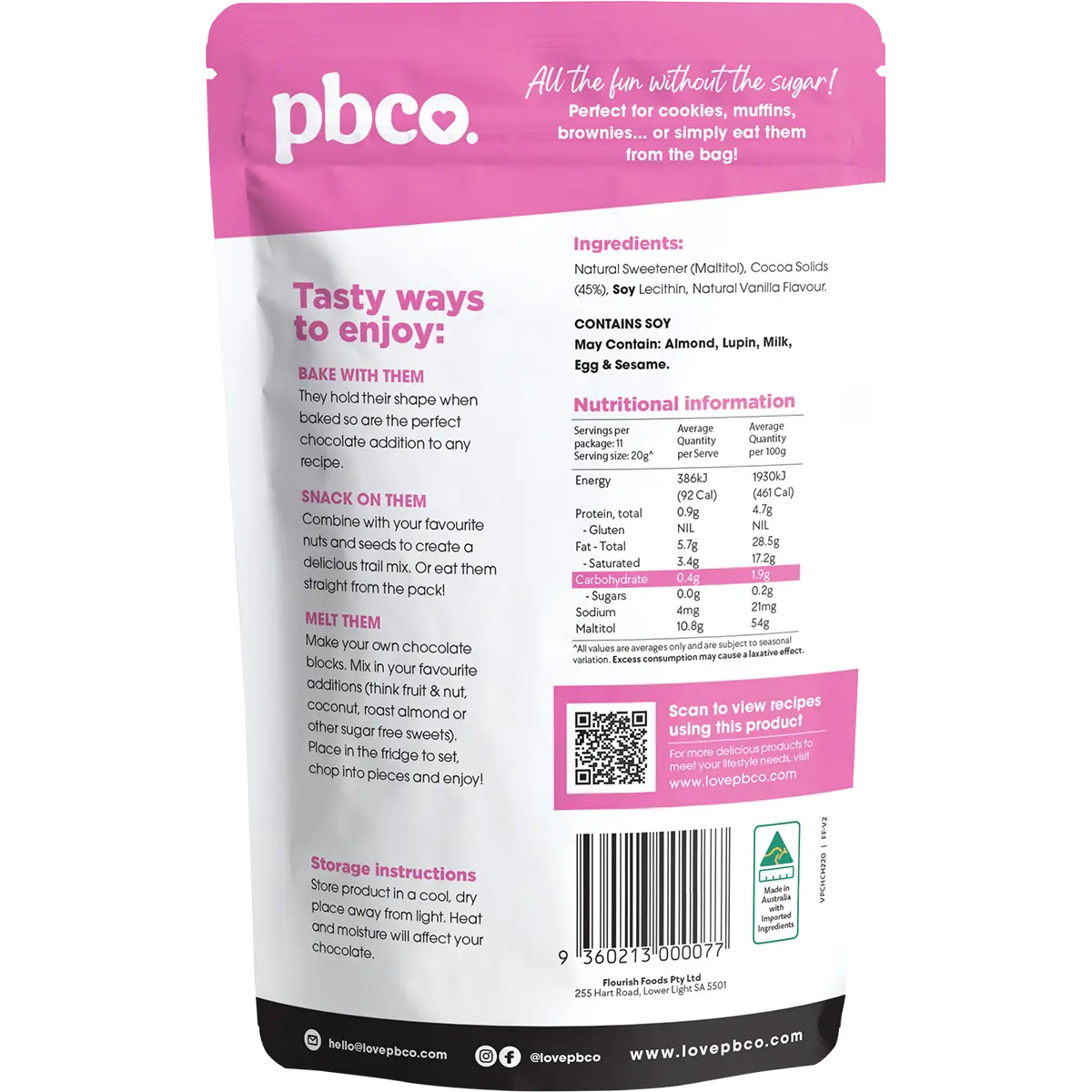 PBCO Chocolate Chips 98% Sugar Free 220g — back pack image (UHP)