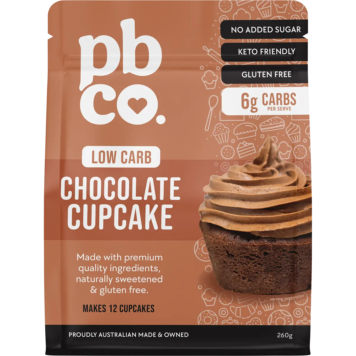PBCO Chocolate Cupcake Mix Low Carb 260g — front pack image (UHP)