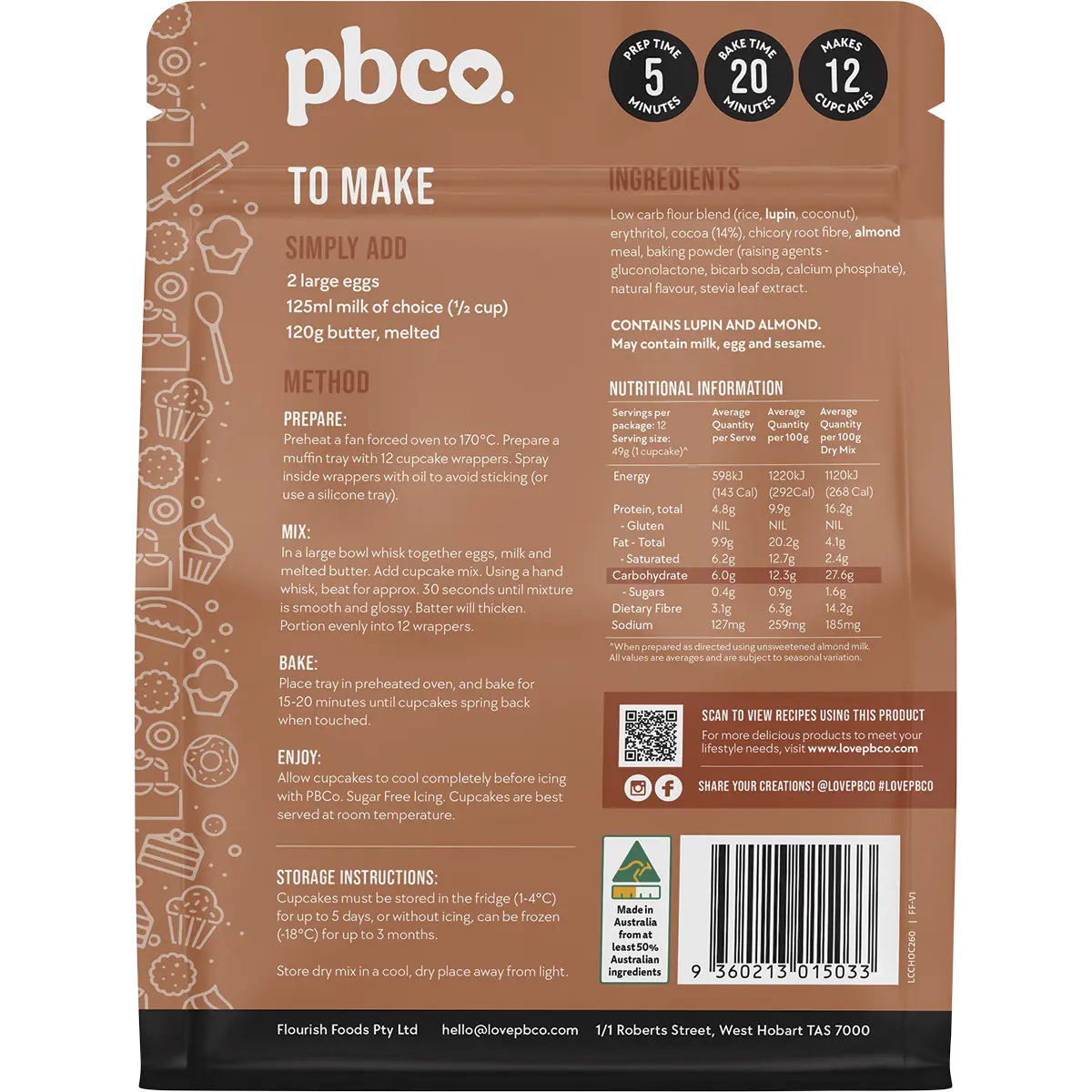 PBCO Chocolate Cupcake Mix Low Carb 260g — back pack image (UHP)