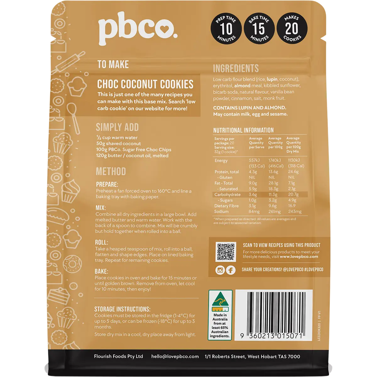 PBCO Low Carb Cookie Base Mix 320g — back pack image (UHP)