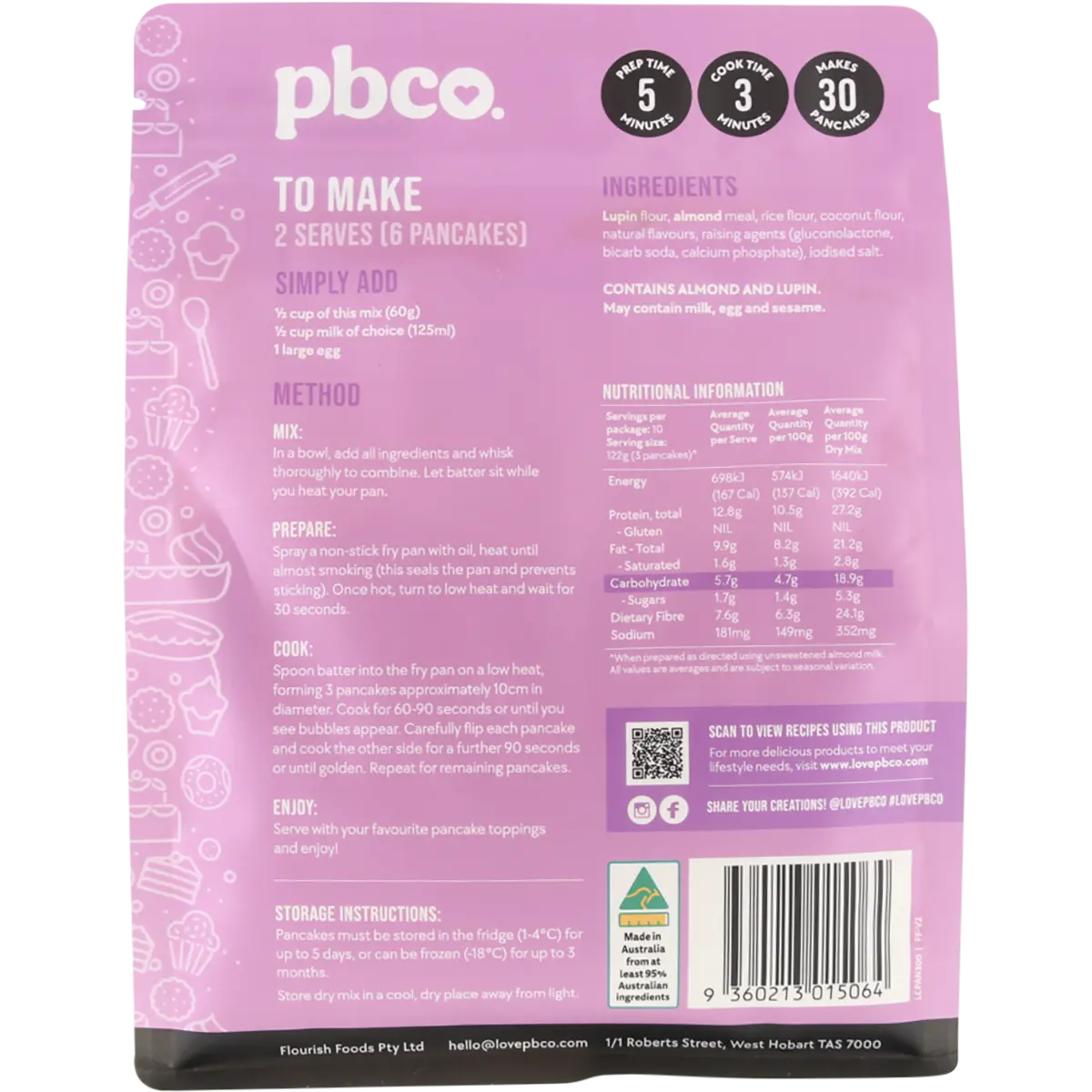 PBCO Low Carb Pancake & Pikelet Mix 300g — back pack image (UHP)