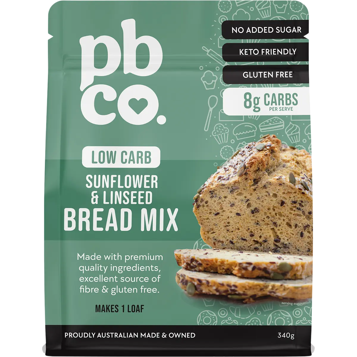 PBCO Low Carb Sunflower & Linseed Bread Mix 340g — front pack image (UHP)