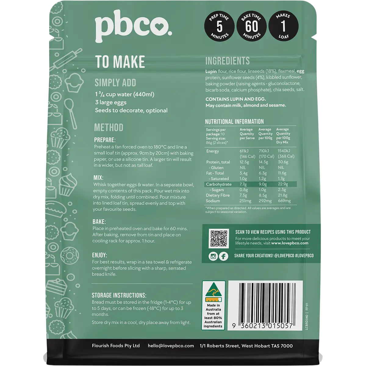 PBCO Low Carb Sunflower & Linseed Bread Mix 340g — back pack image (UHP)