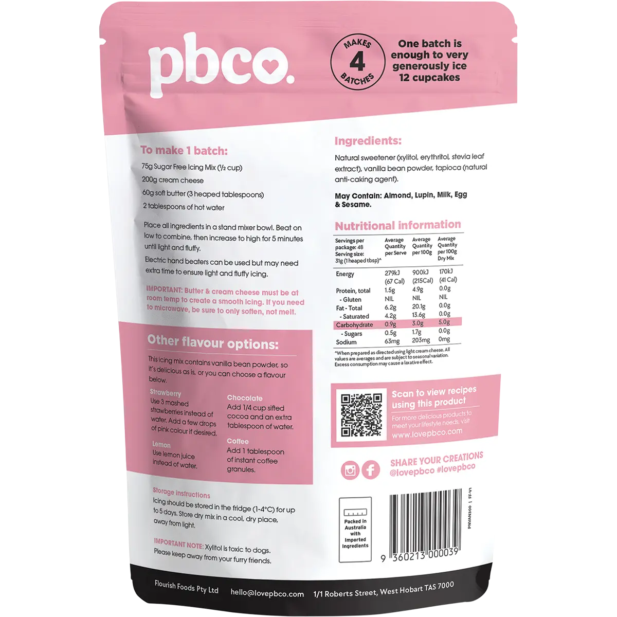 PBCO Vanilla Icing Mix 98% Sugar Free 300g — back pack image (UHP)