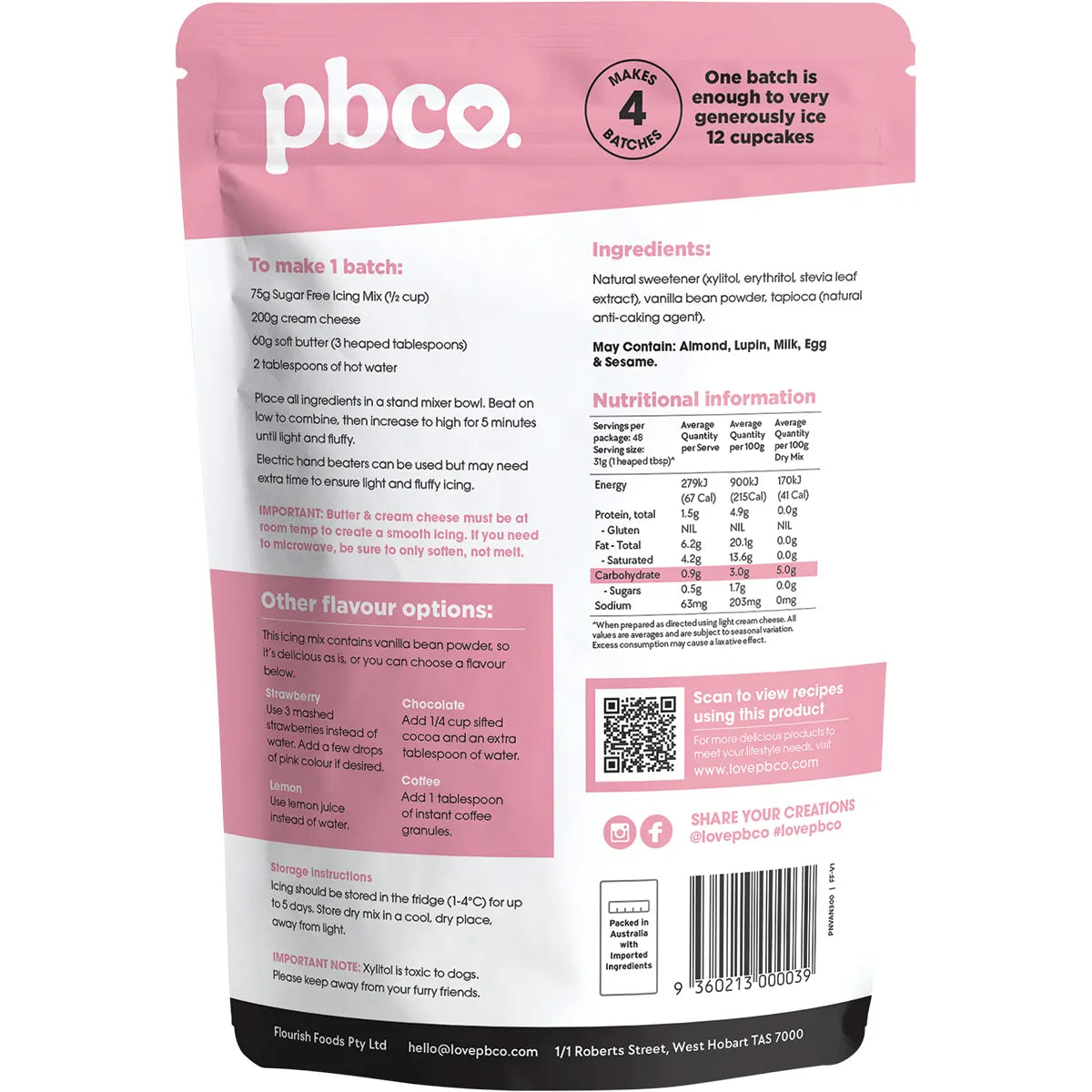PBCO Vanilla Icing Mix 98% Sugar Free 300g