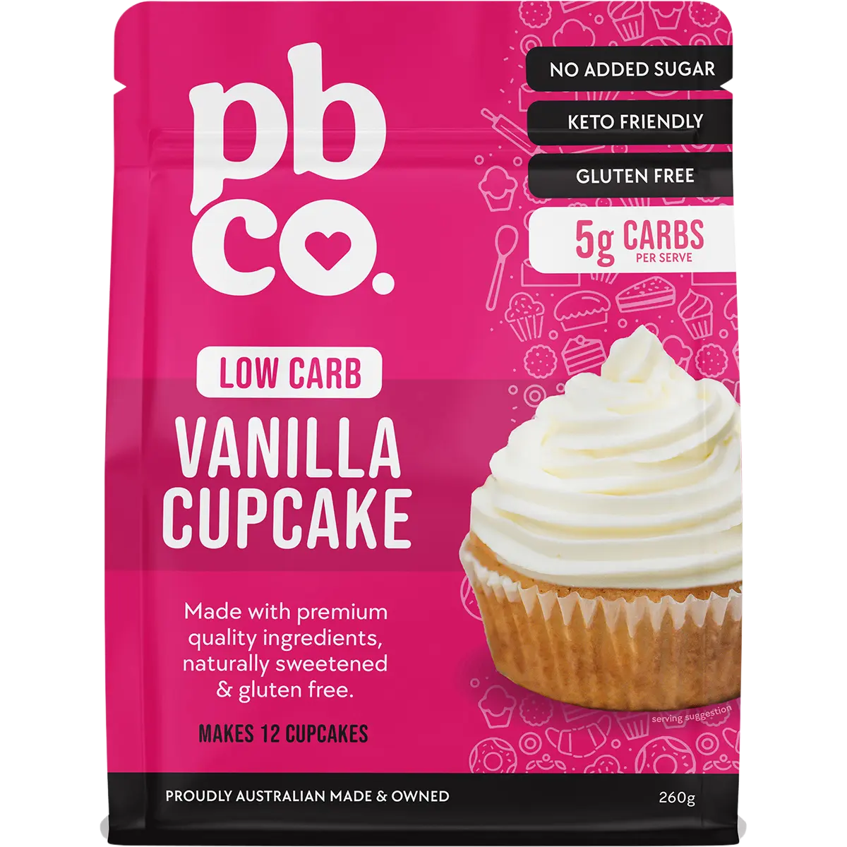 PBCO Low Carb Vanilla Cupcake Mix 260g — front pack image (UHP)