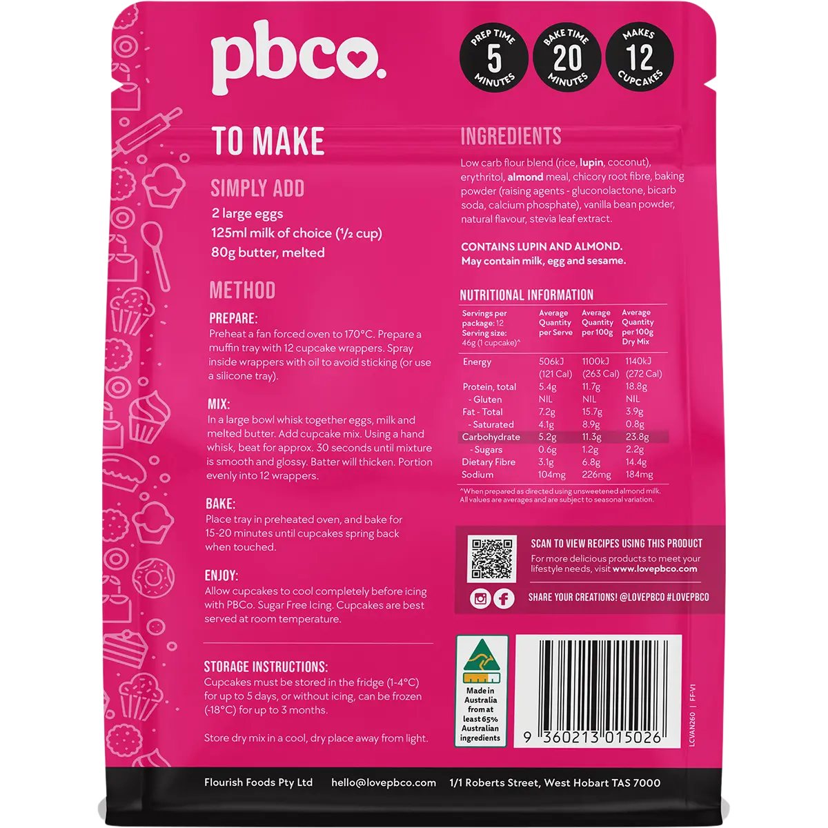 PBCO Low Carb Vanilla Cupcake Mix 260g — back pack image (UHP)