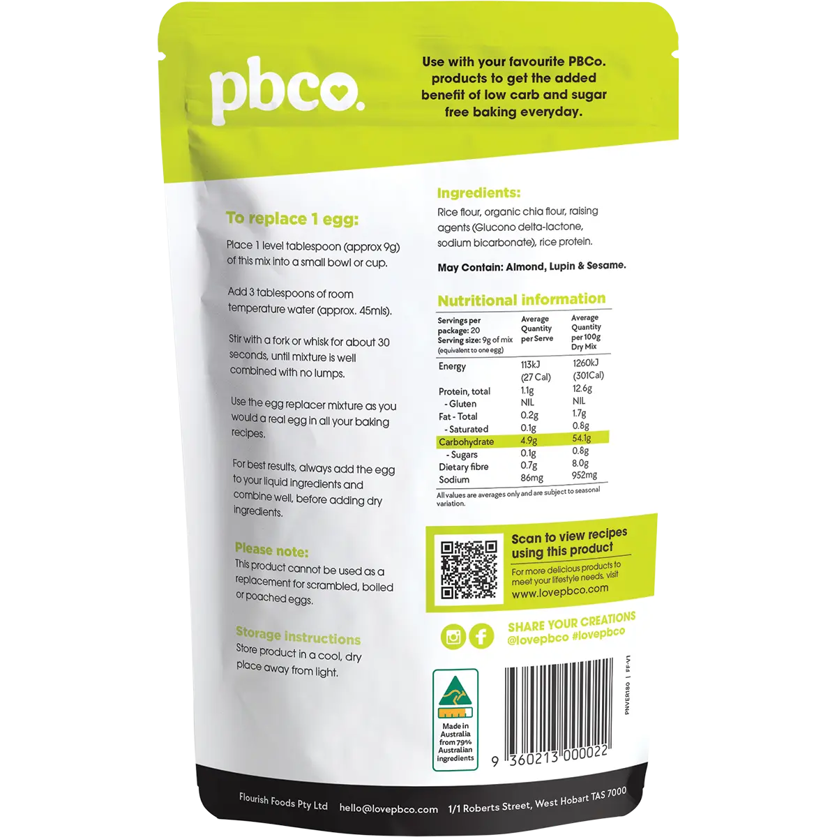 PBCO Vegan Egg Replacer With Organic Chia 180g — back pack image (UHP)