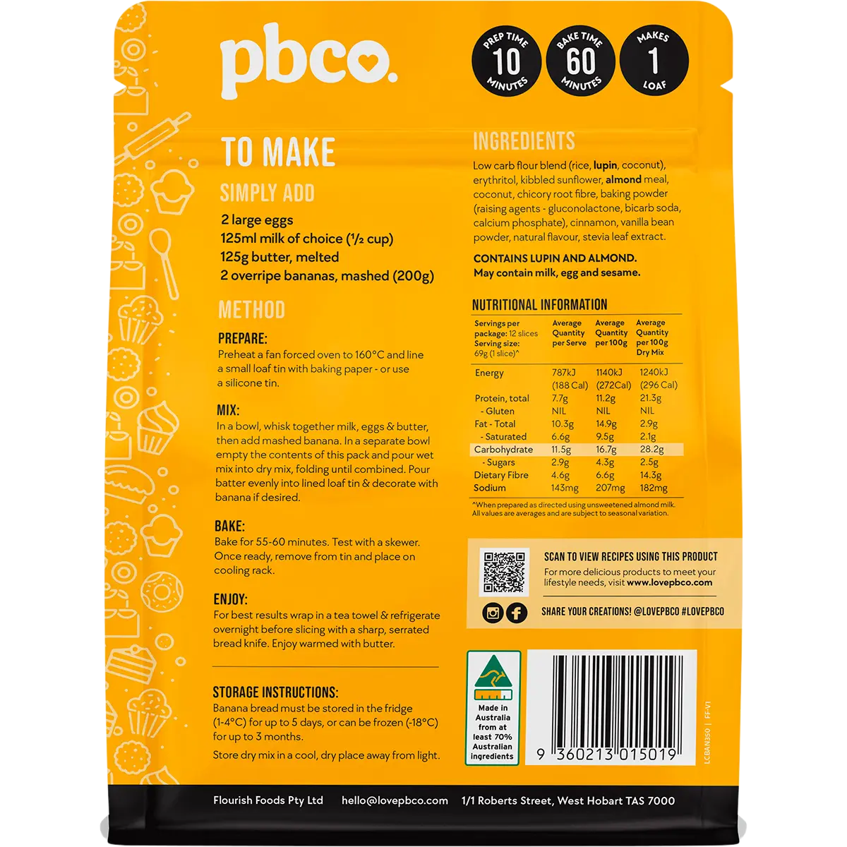 PBCO Banana Bread Low Carb 350g — back pack image (UHP)
