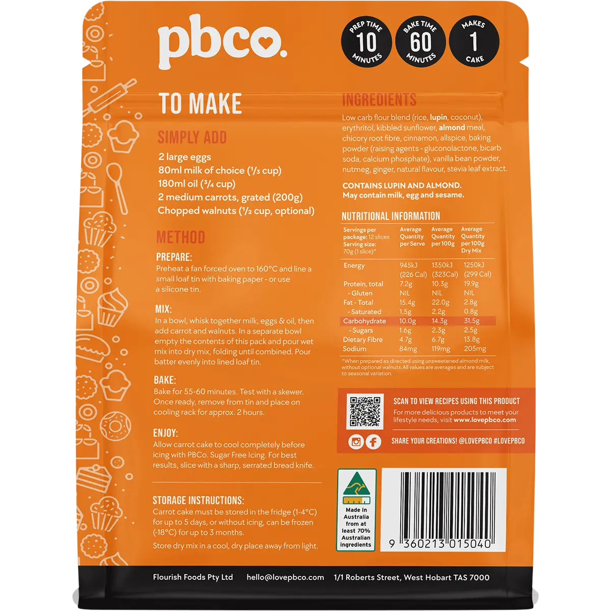 PBCO Carrot Cake Mix Low Carb 350g — back pack image (UHP)