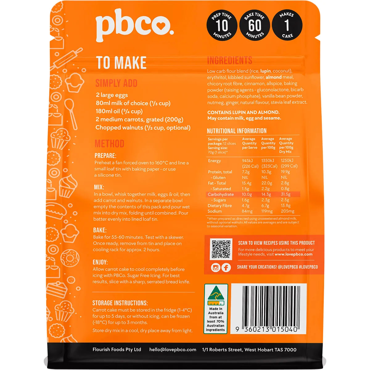 PBCO Carrot Cake Mix Low Carb 350g