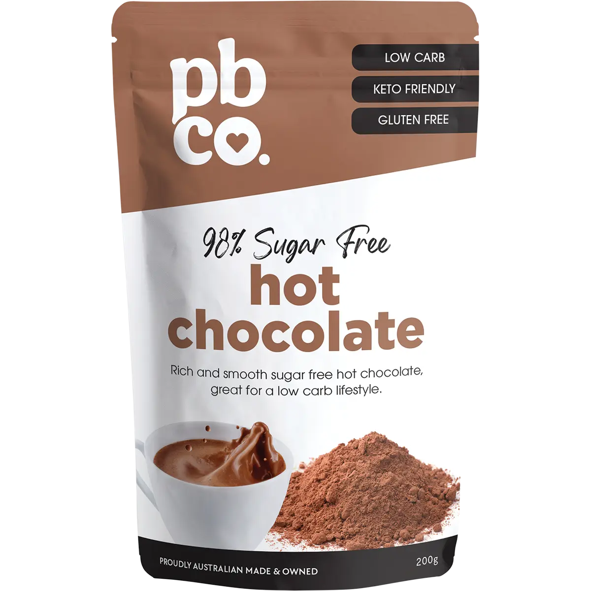 PBCO Hot Chocolate 98% Sugar Free 200g — front pack image (UHP)