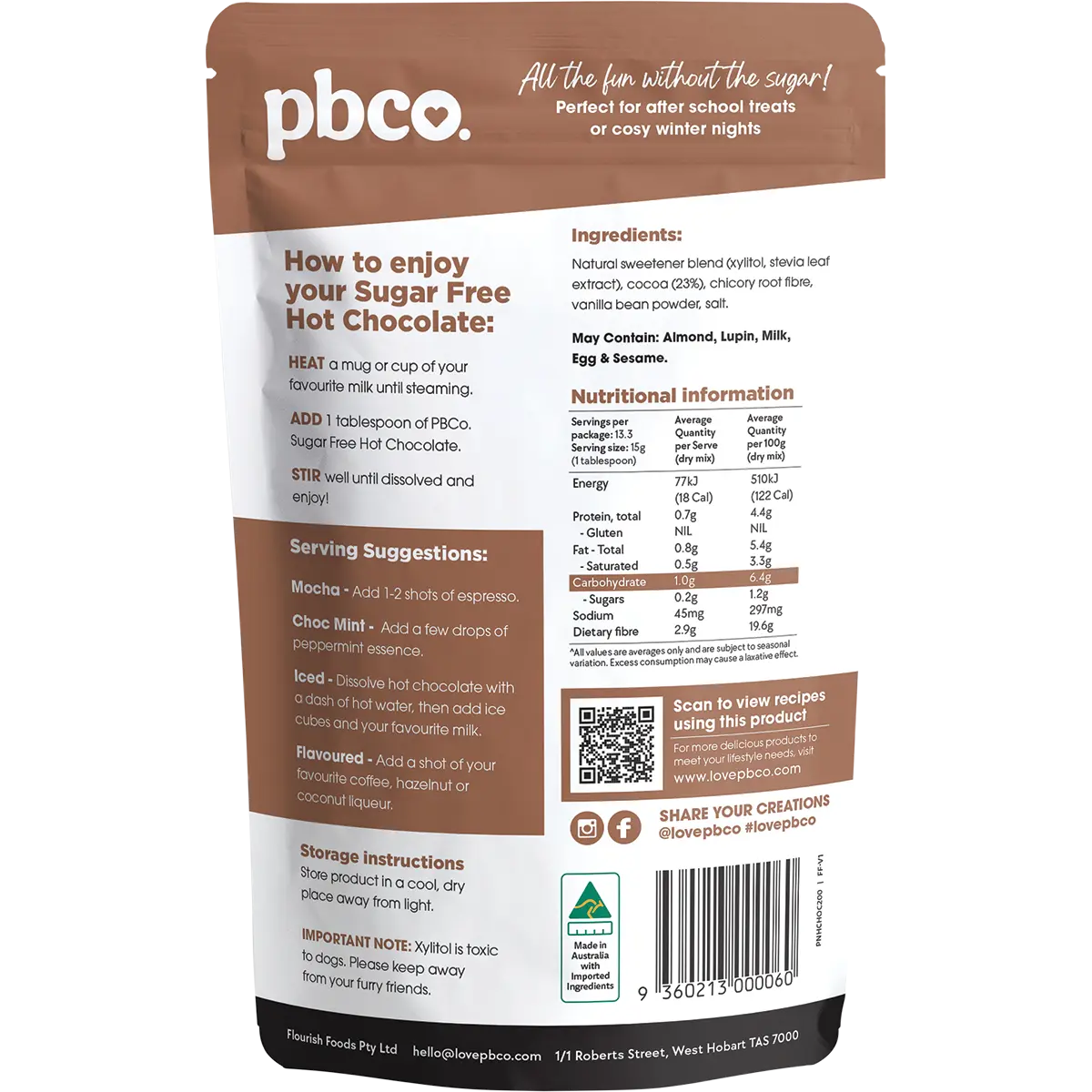 PBCO Hot Chocolate 98% Sugar Free 200g — back pack image (UHP)