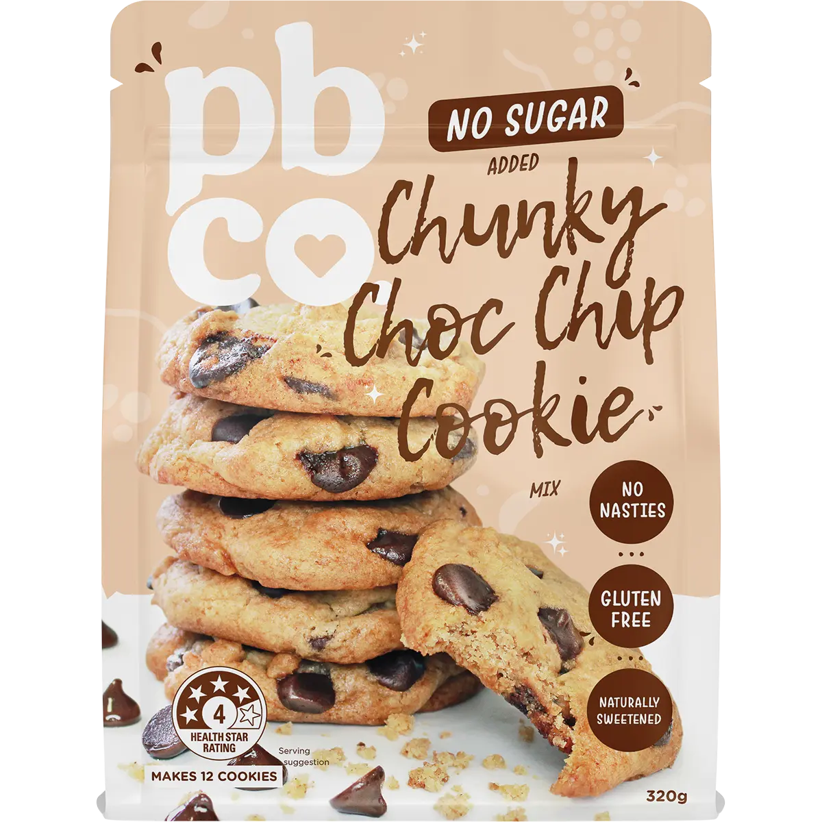 PBCO Chunky Choc Chip Cookie Mix No Sugar Added 320g — front pack image (UHP)