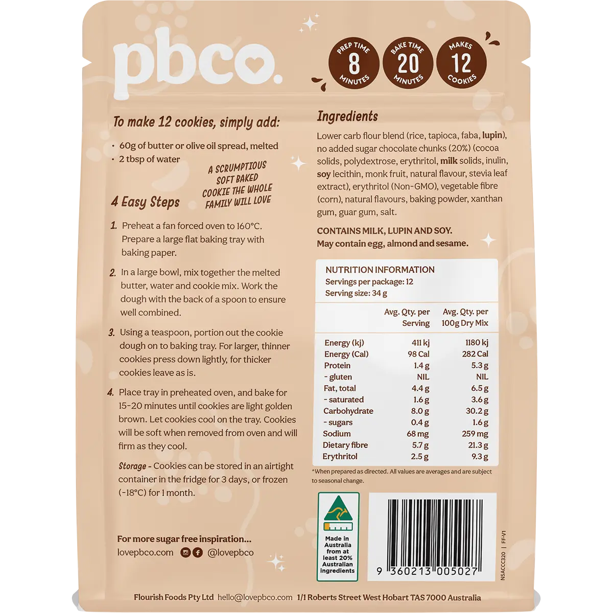 PBCO Chunky Choc Chip Cookie Mix No Sugar Added 320g — back pack image (UHP)