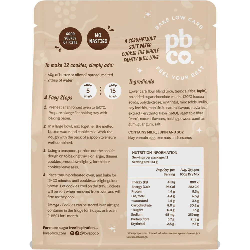 PBCO Chunky Choc Chip Cookie Mix No Sugar Added 320g