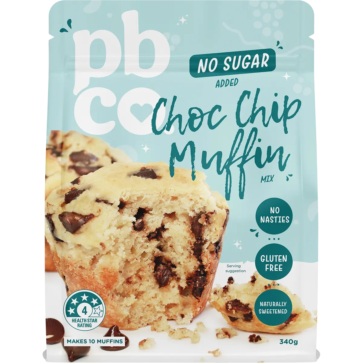 PBCO Choc Chip Muffin Mix No Sugar Added 340g — front pack image (UHP)