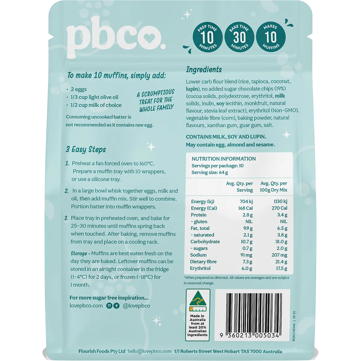 PBCO Choc Chip Muffin Mix No Sugar Added 340g — back pack image (UHP)