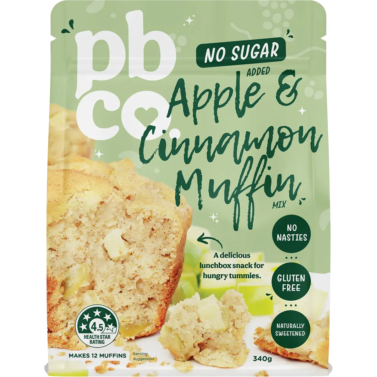 PBCO Apple Cinnamon Muffin Mix No Sugar Added 340g — front pack image (UHP)