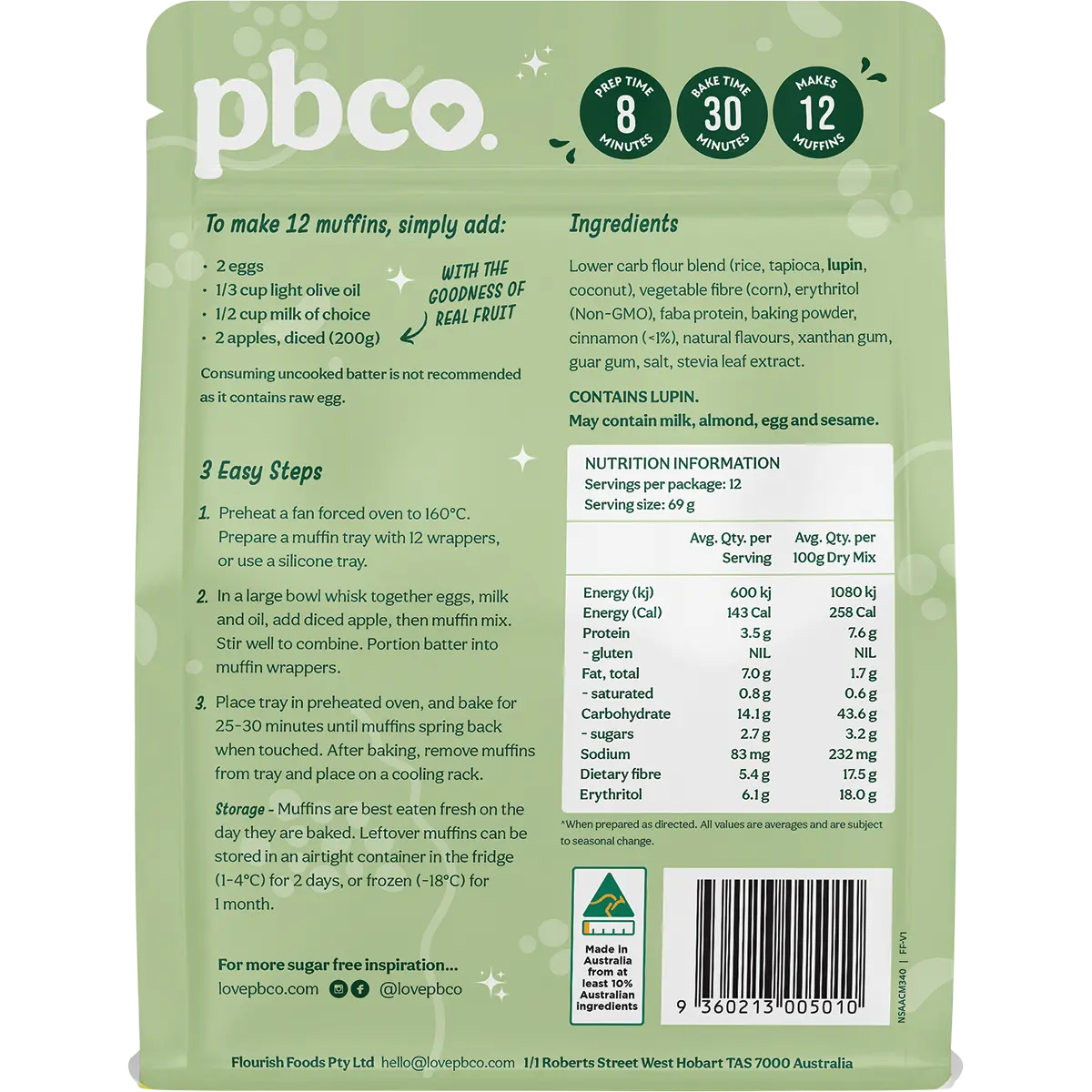 PBCO Apple Cinnamon Muffin Mix No Sugar Added 340g — back pack image (UHP)