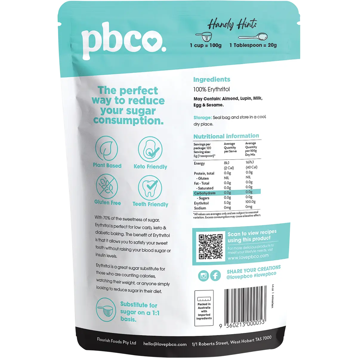 PBCO Erythritol Natural Sweetener 600g — back pack image (UHP)