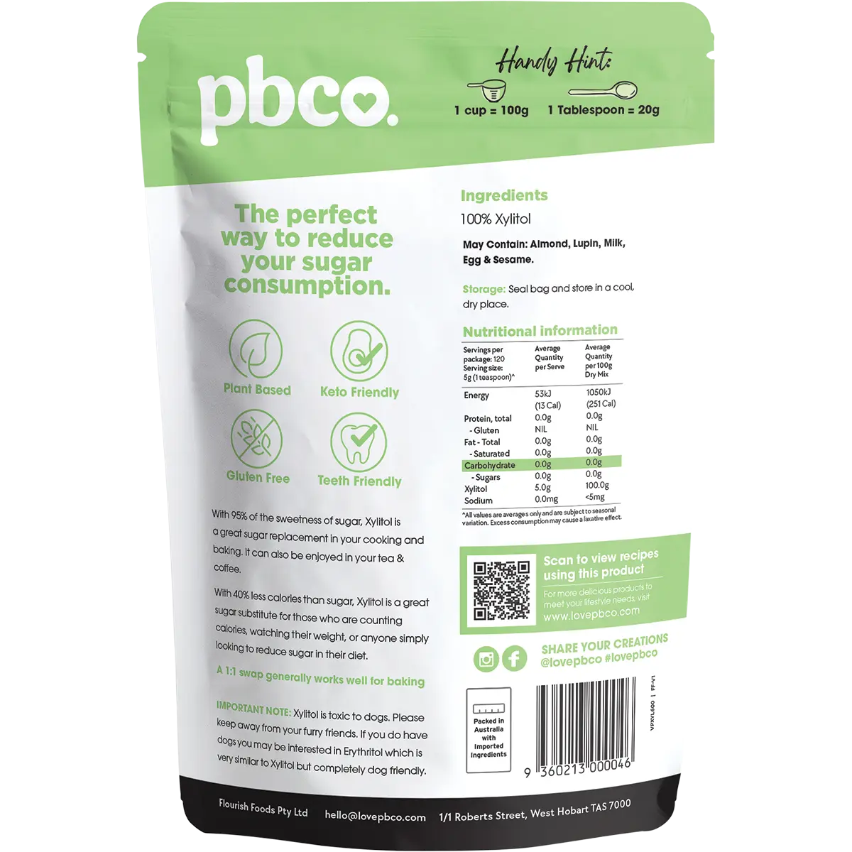 PBCO Xylitol Natural Sweetener 600g — back pack image (UHP)