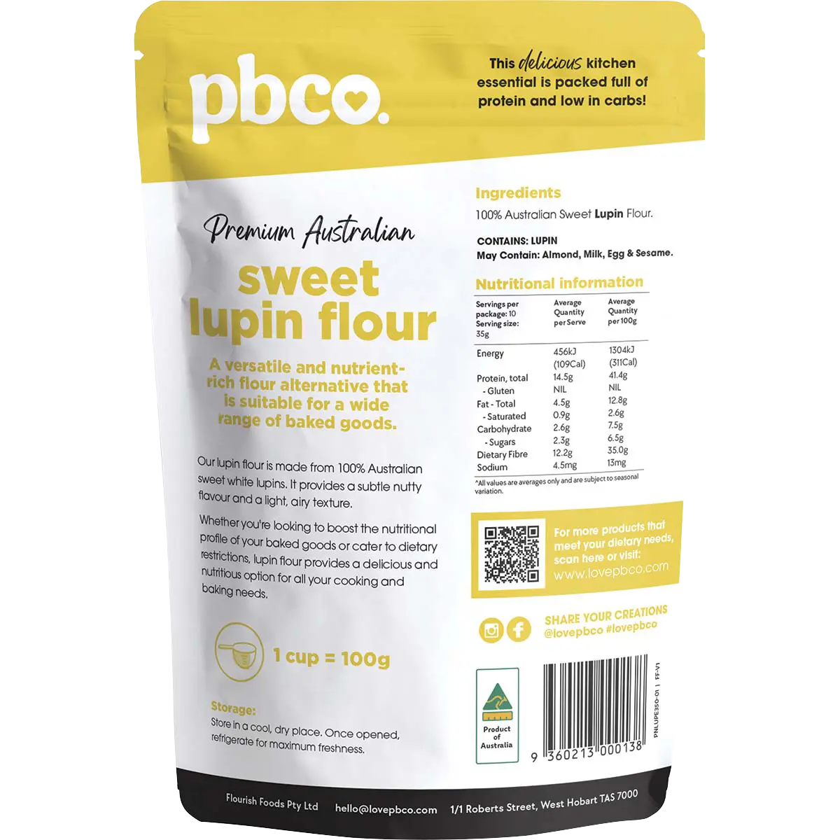 PBCo Sweet Lupin Flour Premium Australian 350g — back pack image (UHP)