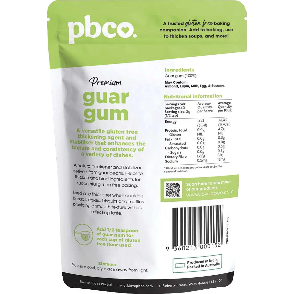 PBCO Guar Gum Premium 80g — back pack image (UHP)