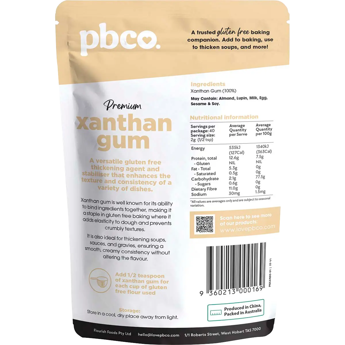PBCo Xanthan Gum Premium 80g — back pack image (UHP)