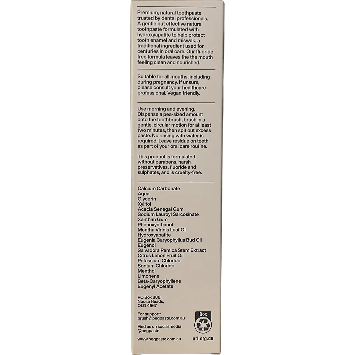 Peg Paste Natural Toothpaste with Hydroxyapatite Sacred Clove — back pack image (UHP)