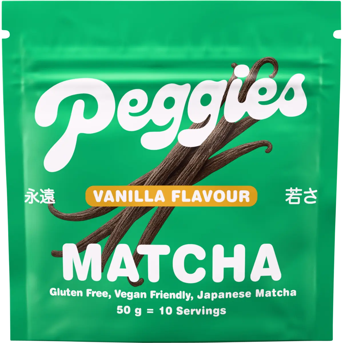 Peggies Matcha Vanilla 50g — front pack image (UHP)