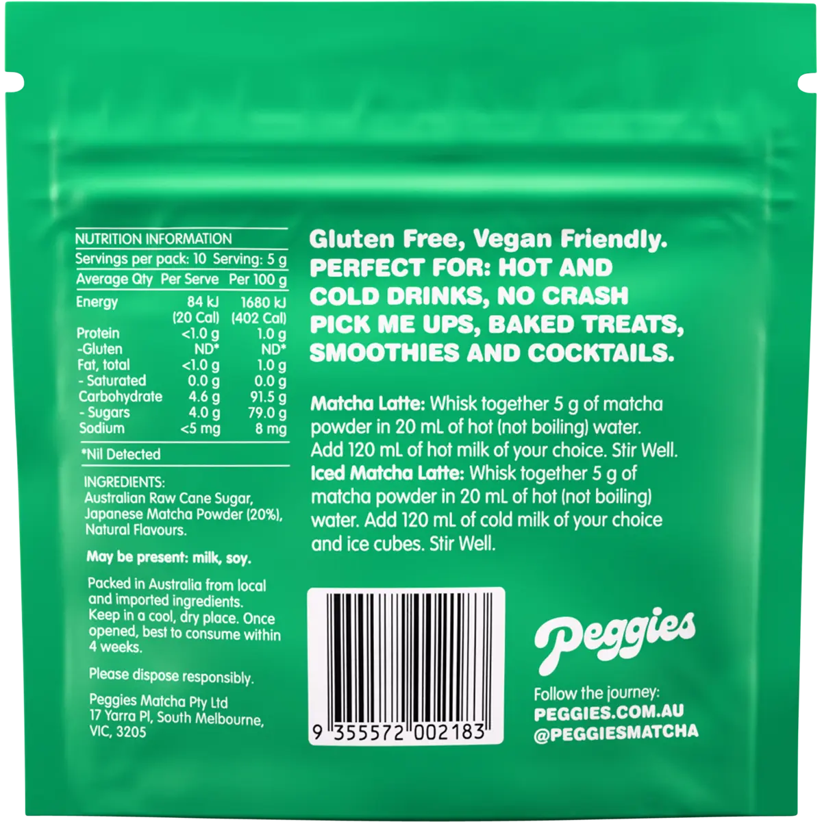 Peggies Matcha Vanilla 50g — back pack image (UHP)