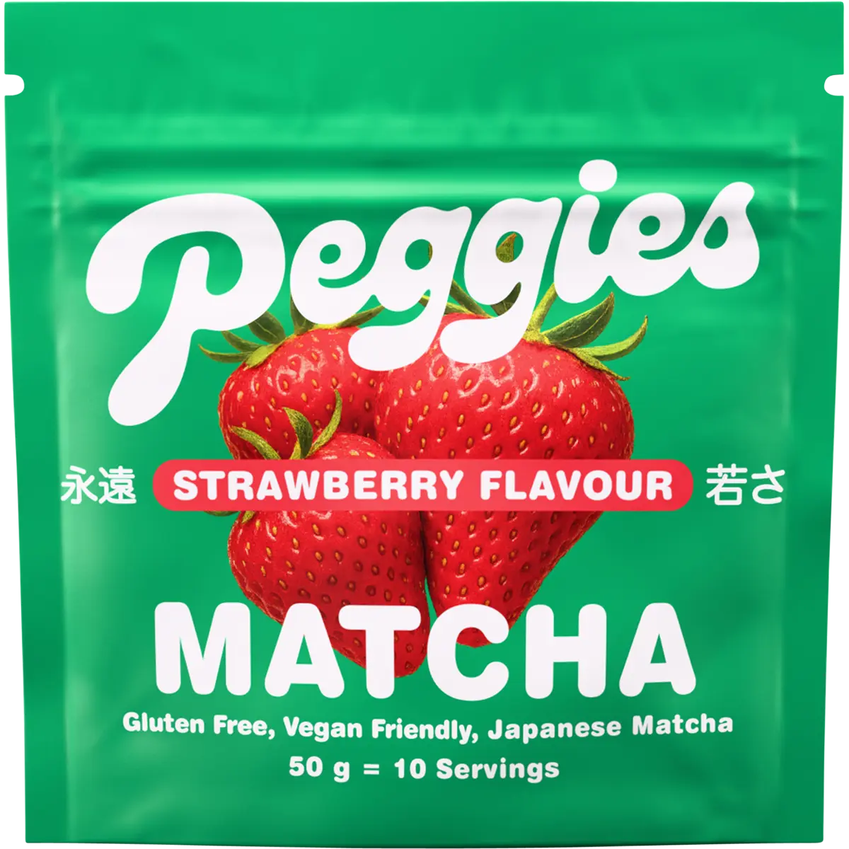 Peggies Matcha Strawberry 50g — front pack image (UHP)